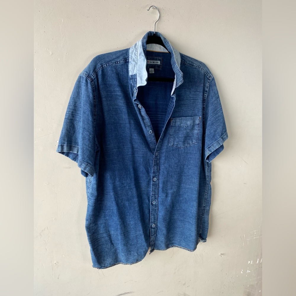 32 Bar Blues Mens Blue Chambray Striped Short Sleeve Button Down Shirt XL - Picture 5 of 9